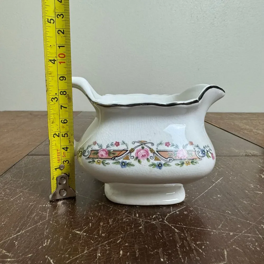 1930s WS George LIDO White Creamer &‎ Sugar Bowl Pink Roses Silver Platinum Trim